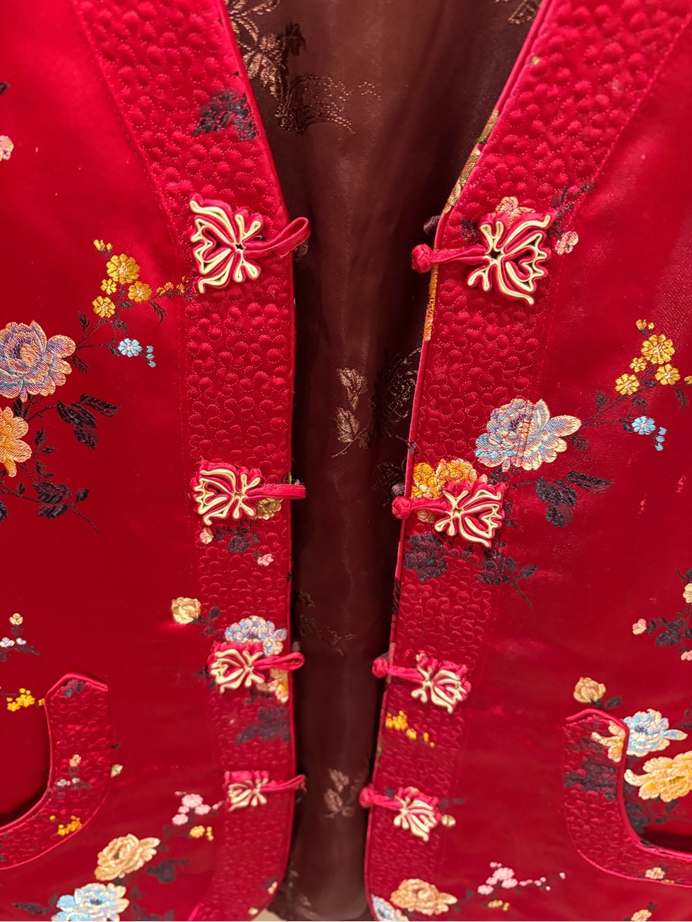Vintage Red Floral Embroidered Reversible Chinese Traditional Vest - Picture 4 of 12